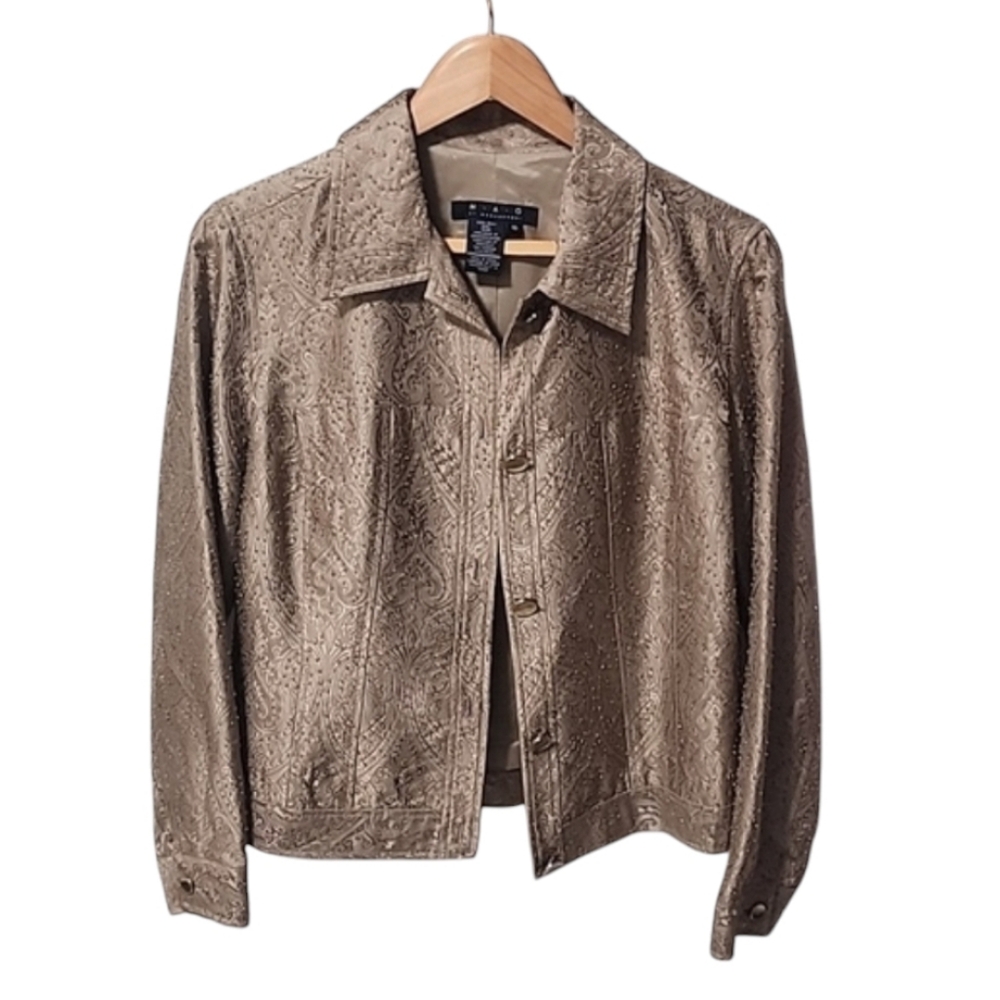 MAGASCHONI Hand Beaded Silk Jacket 10 L Iridescent Floral Gold Wearable Art - Picture 13 of 16